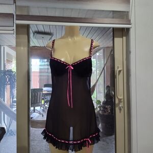 Victoria's Secret Black and Pink Chemise with Ruffled Hem